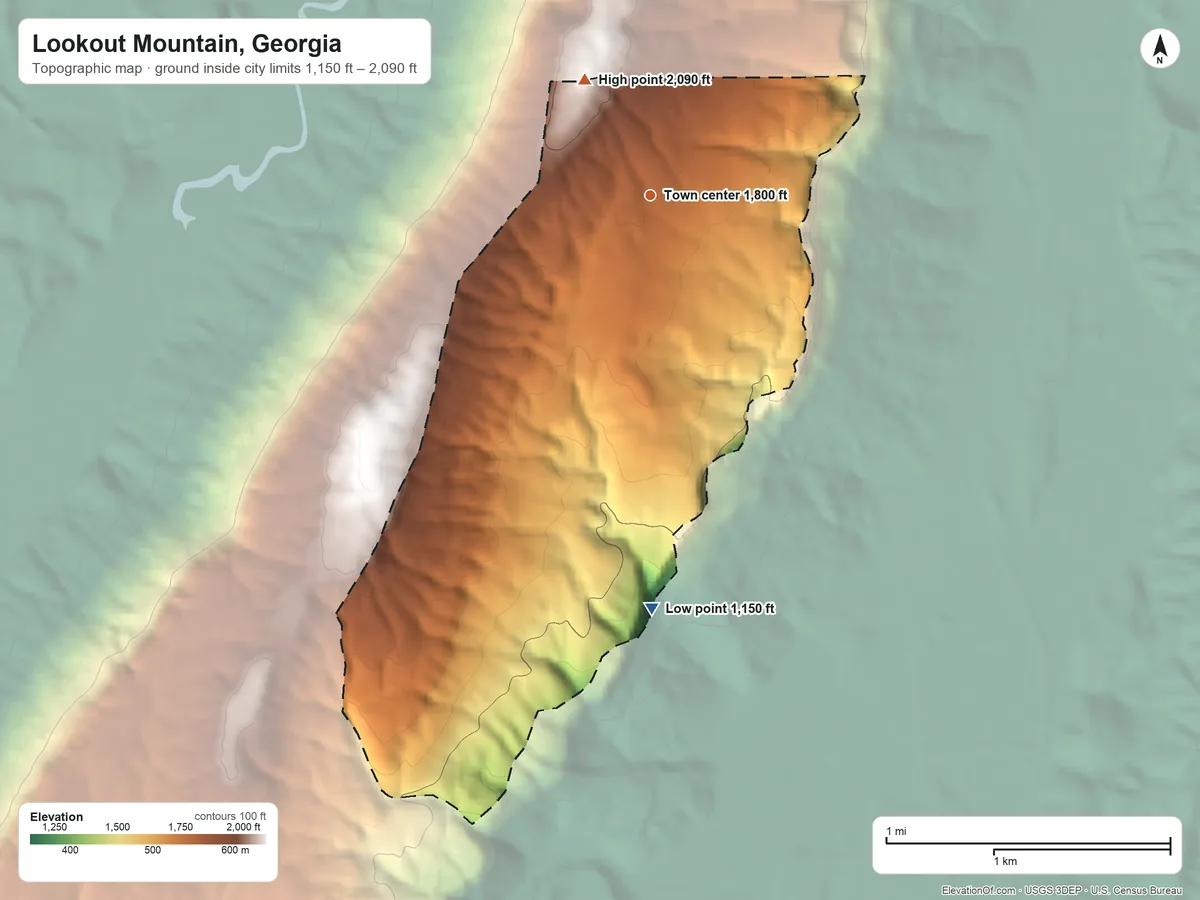 Topographic elevation map of Lookout Mountain, Georgia, shaded from 1,150 ft on the south side to 2,090 ft on the northwest side