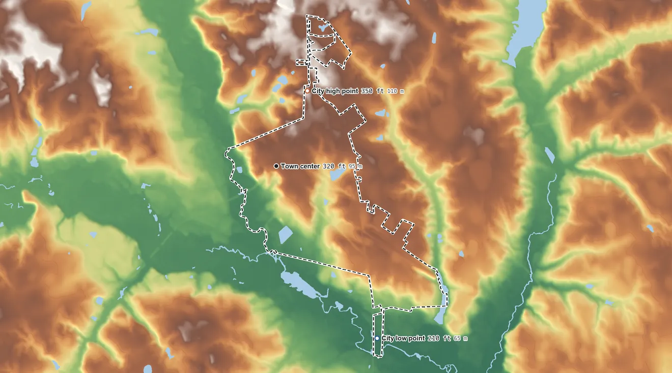 Topographic elevation map of Louisville, Georgia, shaded from 210 ft on the southeast side to 350 ft on the north side