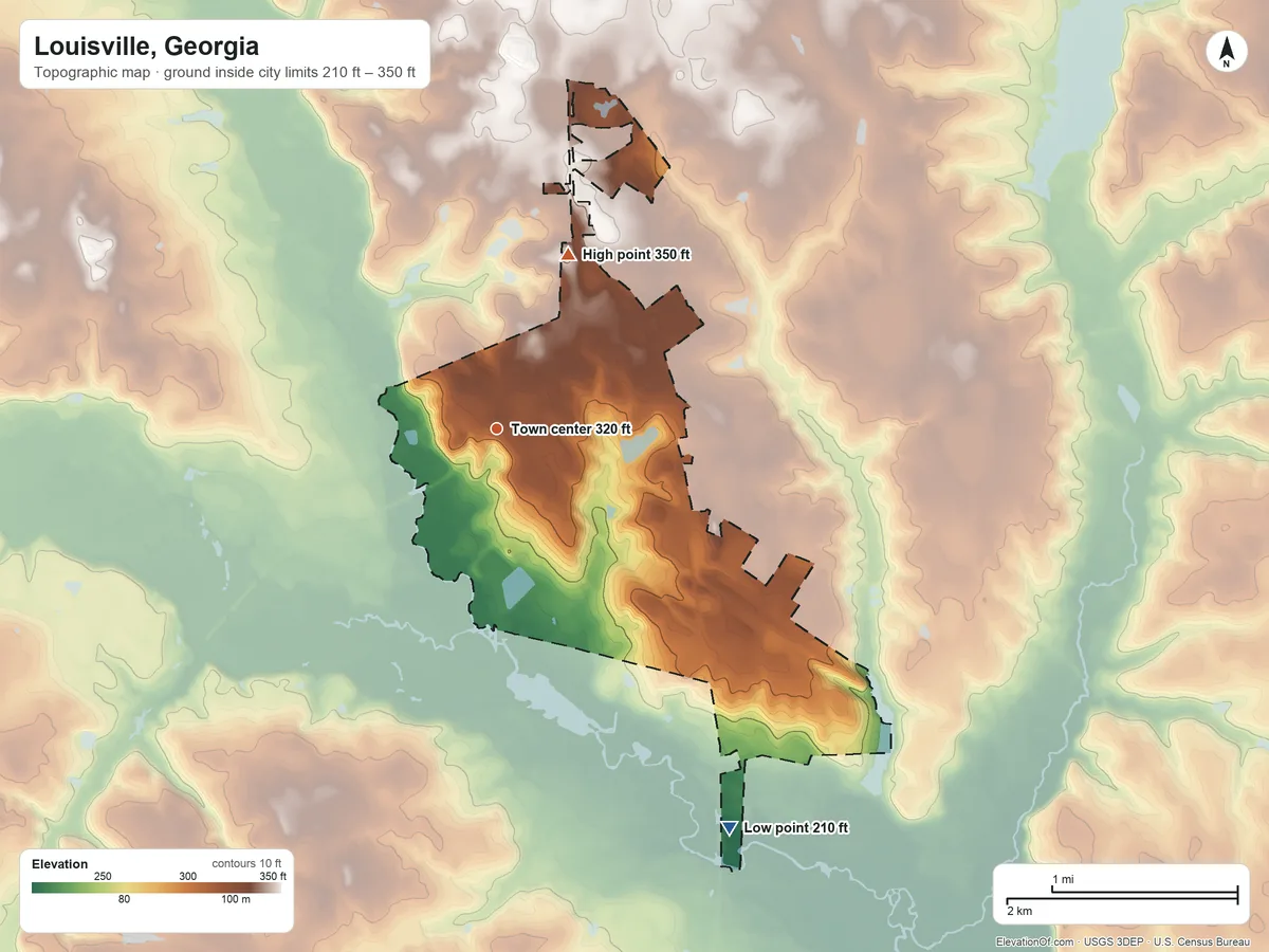 Topographic elevation map of Louisville, Georgia, shaded from 210 ft on the southeast side to 350 ft on the north side