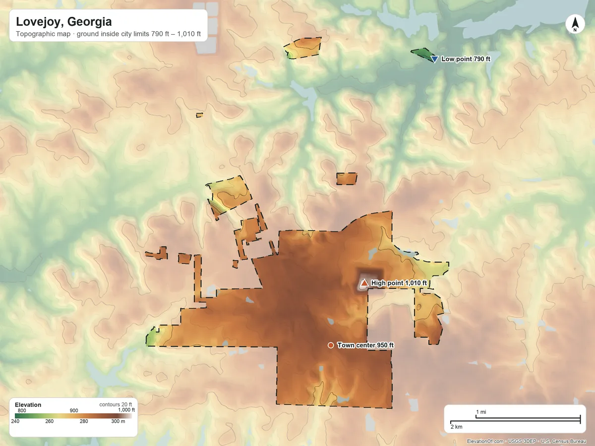 Topographic elevation map of Lovejoy, Georgia, shaded from 790 ft on the north side to 1,010 ft on the northeast side