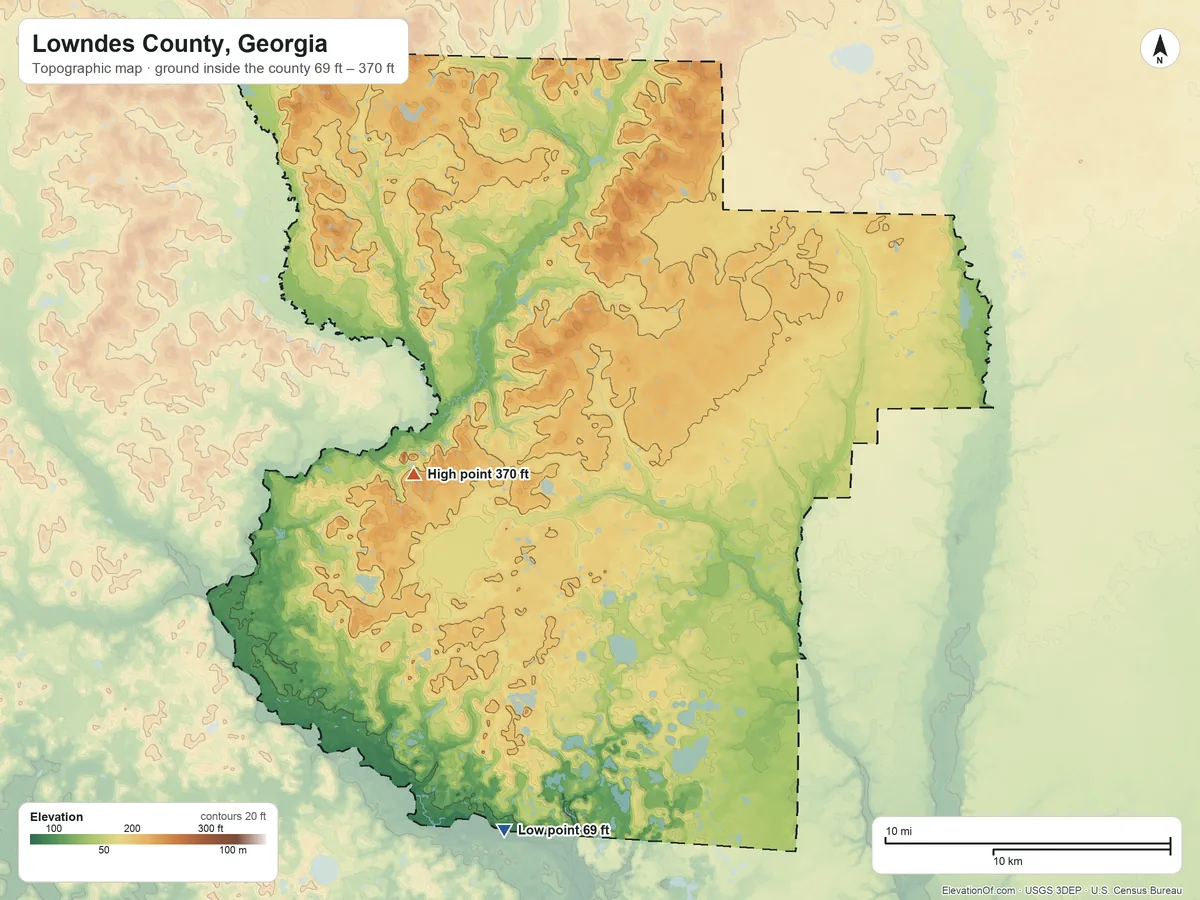 Topographic elevation map of Lowndes County, Georgia, shaded from 69 ft on the south side to 370 ft on the west side