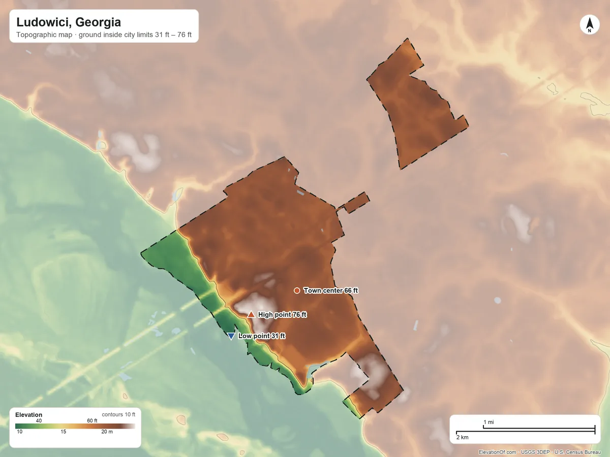 Topographic elevation map of Ludowici, Georgia, shaded from 31 ft on the southwest side to 76 ft on the southwest side