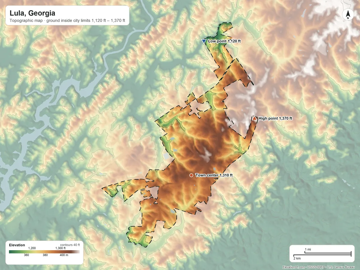 Topographic elevation map of Lula, Georgia, shaded from 1,120 ft on the north side to 1,370 ft on the northeast side