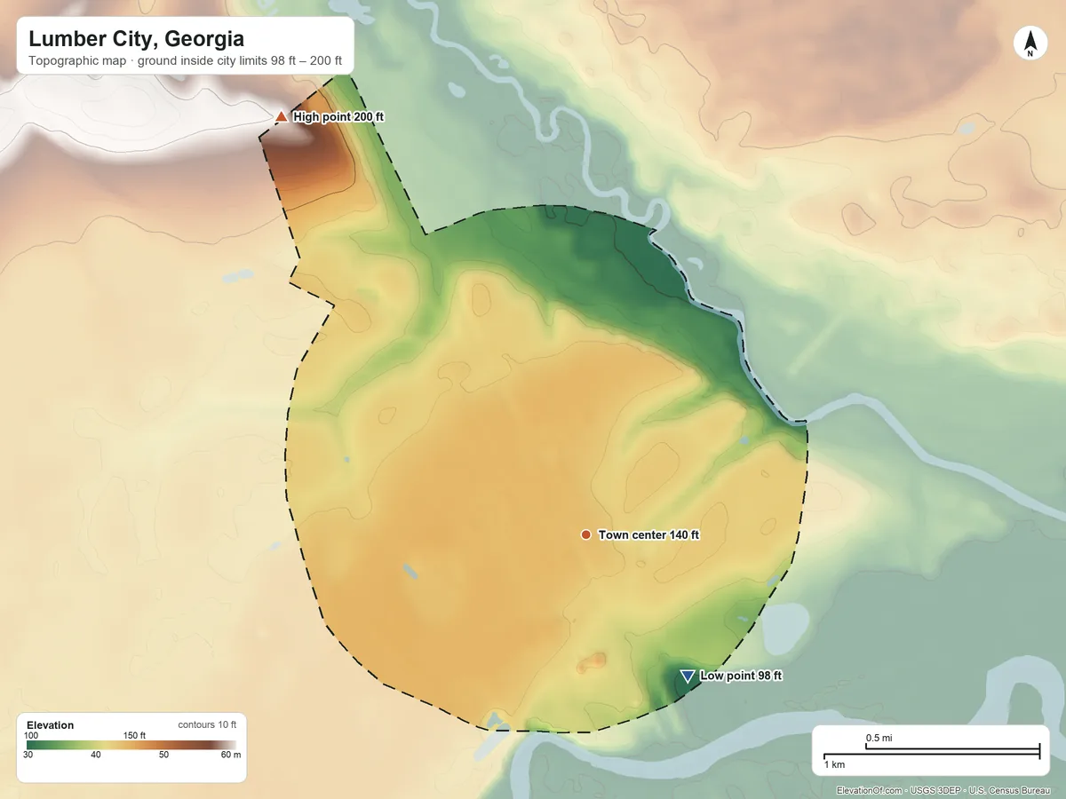Topographic elevation map of Lumber City, Georgia, shaded from 98 ft on the southeast side to 200 ft on the northwest side