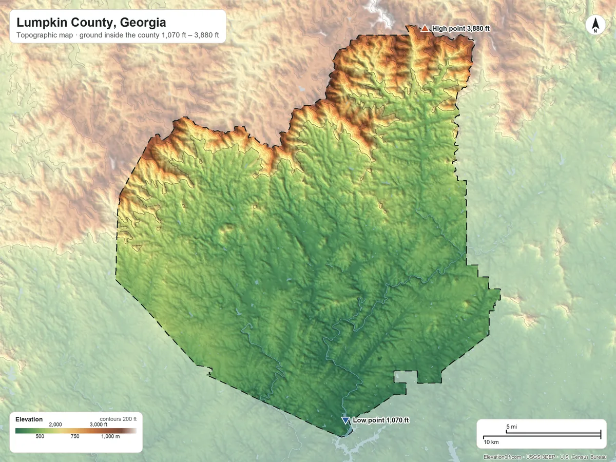Topographic elevation map of Lumpkin County, Georgia, shaded from 1,070 ft on the south side to 3,880 ft on Levelland Mountain