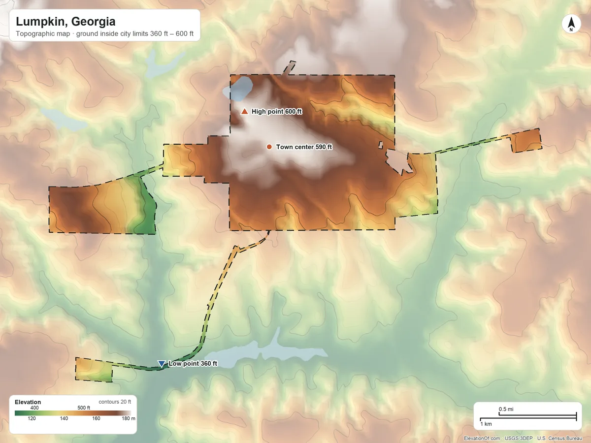 Topographic elevation map of Lumpkin, Georgia, shaded from 360 ft on the southwest side to 600 ft near the middle