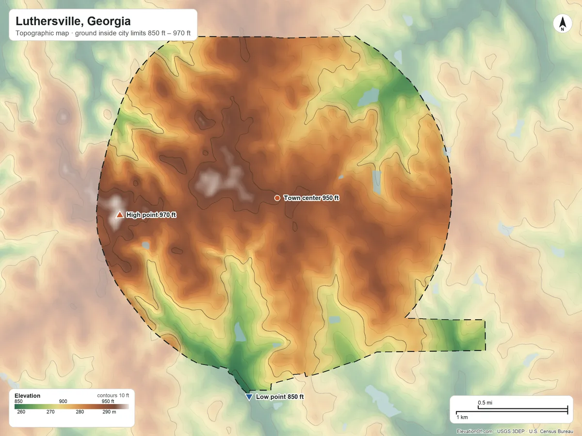 Topographic elevation map of Luthersville, Georgia, shaded from 850 ft on the south side to 970 ft on the west side