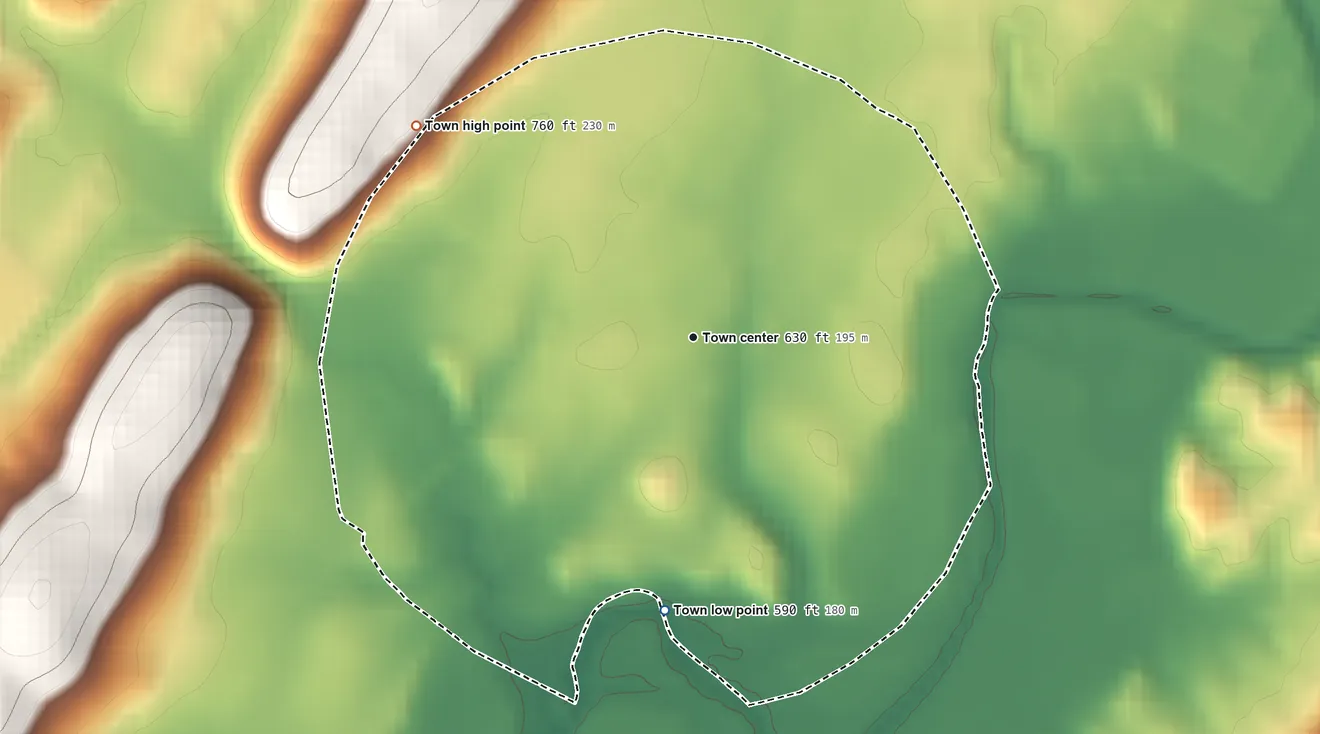 Topographic elevation map of Lyerly, Georgia, shaded from 590 ft on the south side to 760 ft on the northwest edge, below higher ground just outside