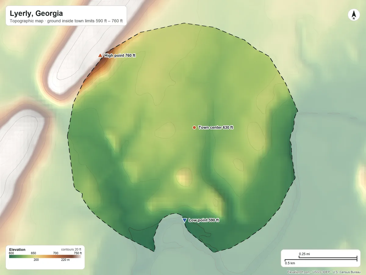 Topographic elevation map of Lyerly, Georgia, shaded from 590 ft on the south side to 760 ft on the northwest edge, below higher ground just outside