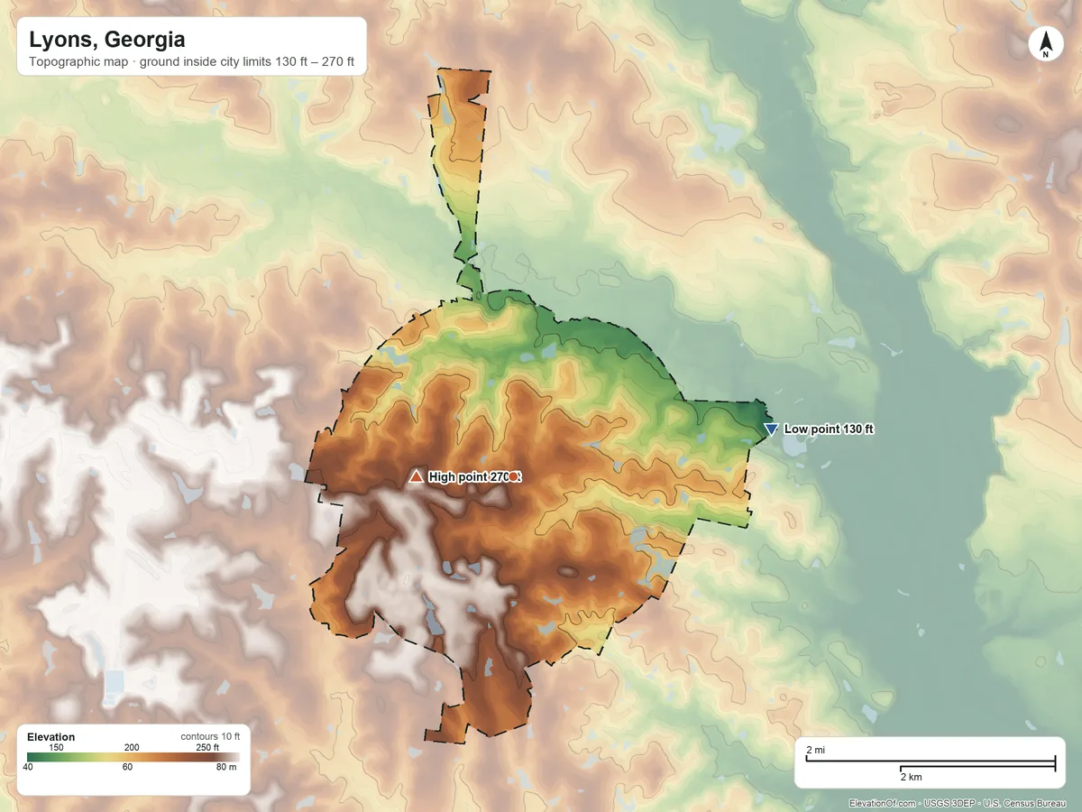 Topographic elevation map of Lyons, Georgia, shaded from 130 ft on the east side to 270 ft on the west side