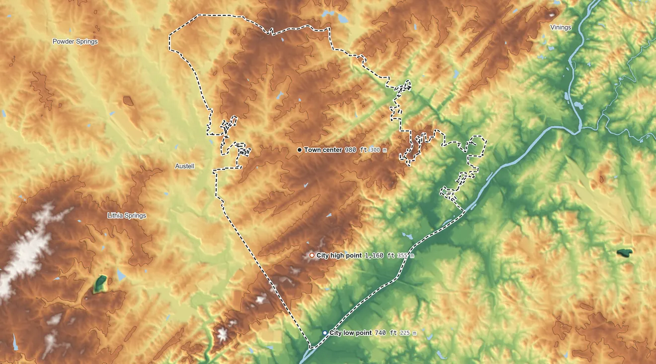 Topographic elevation map of Mableton, Georgia, shaded from 740 ft on the south side to 1,160 ft on the south side