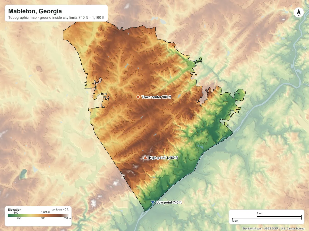 Topographic elevation map of Mableton, Georgia, shaded from 740 ft on the south side to 1,160 ft on the south side