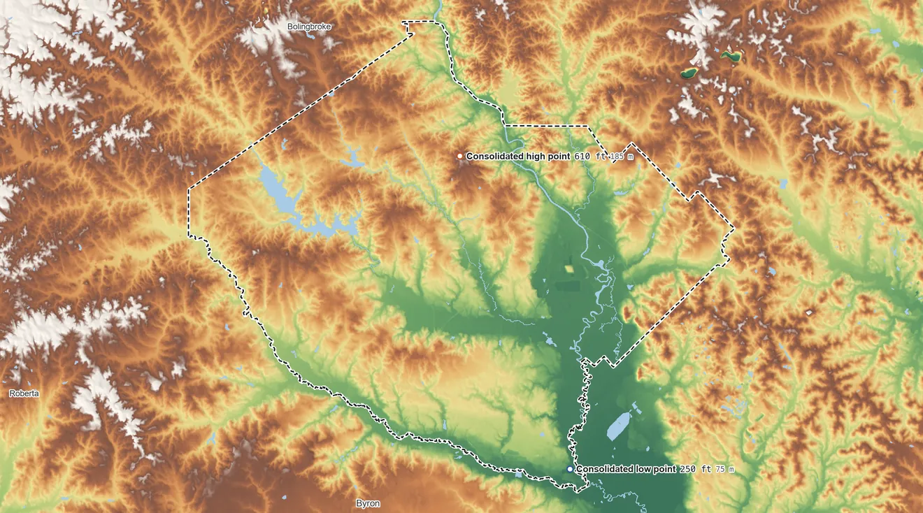 Topographic elevation map of Macon-Bibb County, Georgia, shaded from 250 ft on the south side to 610 ft near the middle