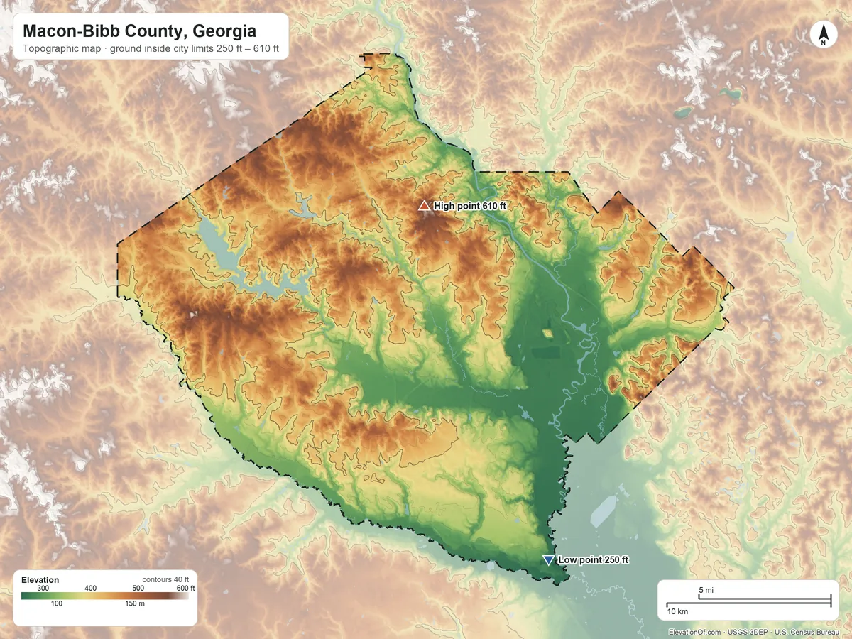Topographic elevation map of Macon-Bibb County, Georgia, shaded from 250 ft on the south side to 610 ft near the middle