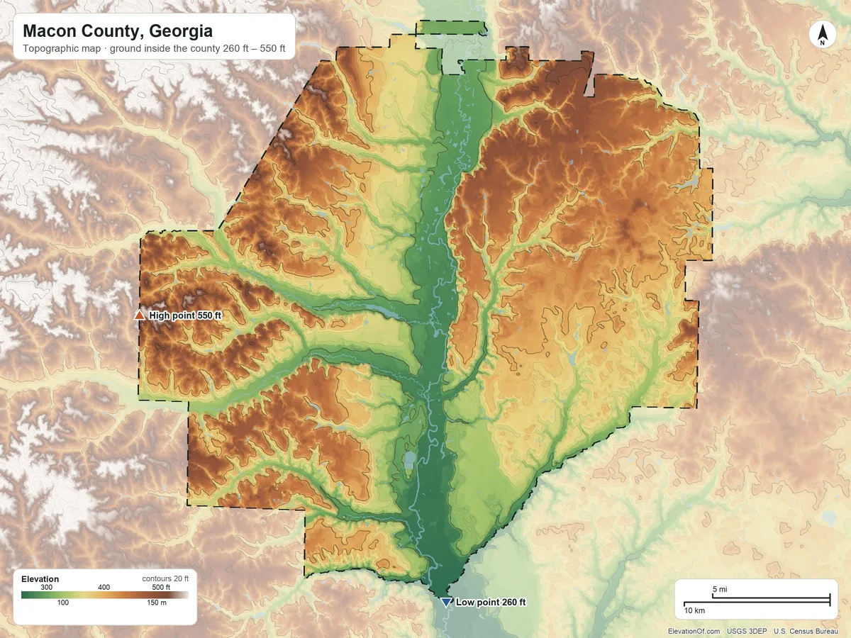 Topographic elevation map of Macon County, Georgia, shaded from 260 ft on the south side to 550 ft on the west side
