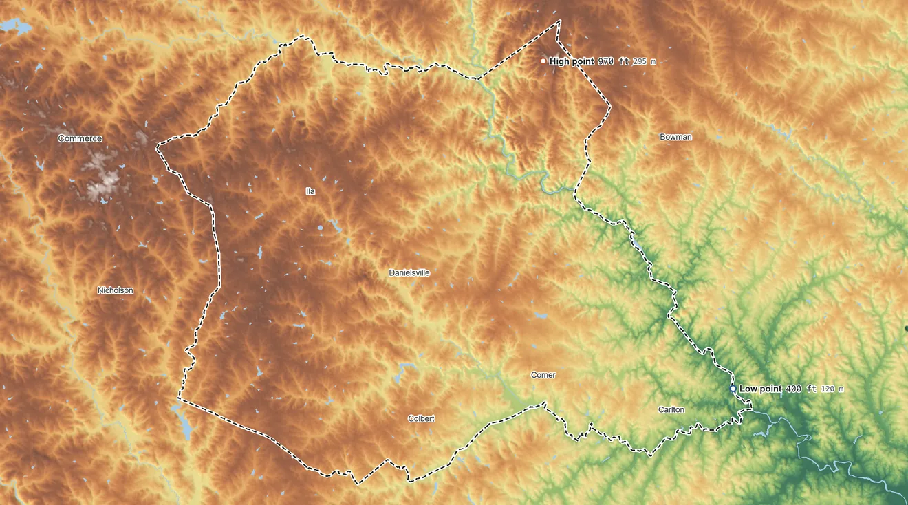 Topographic elevation map of Madison County, Georgia, shaded from 400 ft on the southeast side to 970 ft on the northeast side