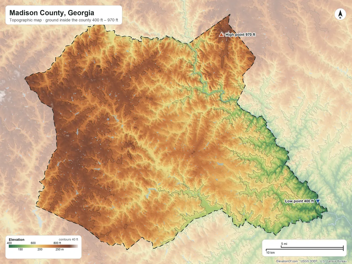 Topographic elevation map of Madison County, Georgia, shaded from 400 ft on the southeast side to 970 ft on the northeast side