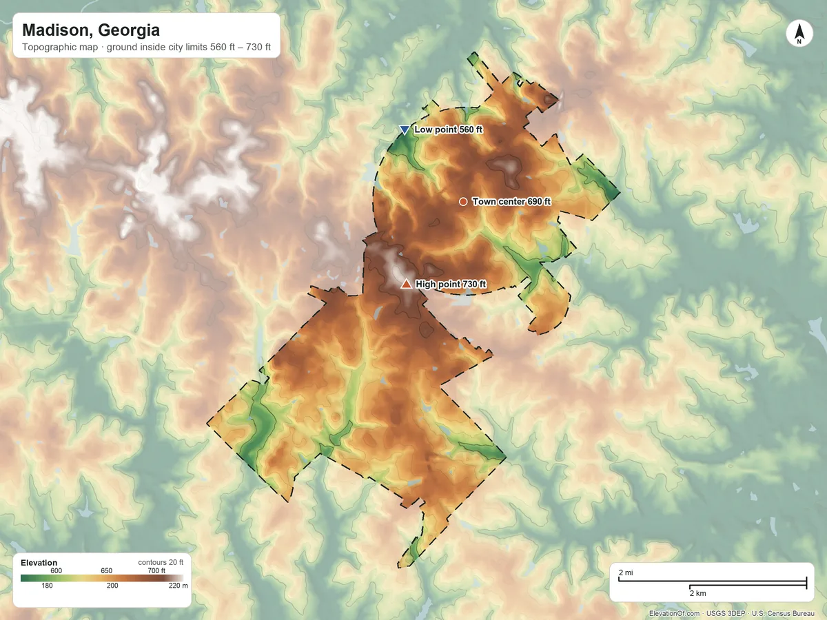 Topographic elevation map of Madison, Georgia, shaded from 560 ft on the northwest side to 730 ft on the southwest side