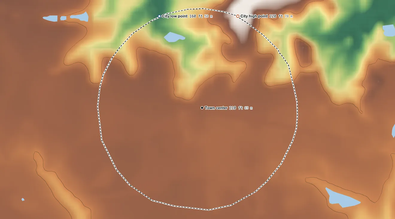 Topographic elevation map of Manassas, Georgia, shaded from 160 ft on the northwest side to 220 ft on the north side