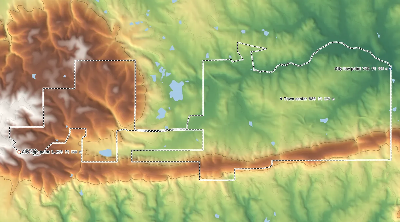Topographic elevation map of Manchester, Georgia, shaded from 740 ft on the east side to 1,290 ft on the west side