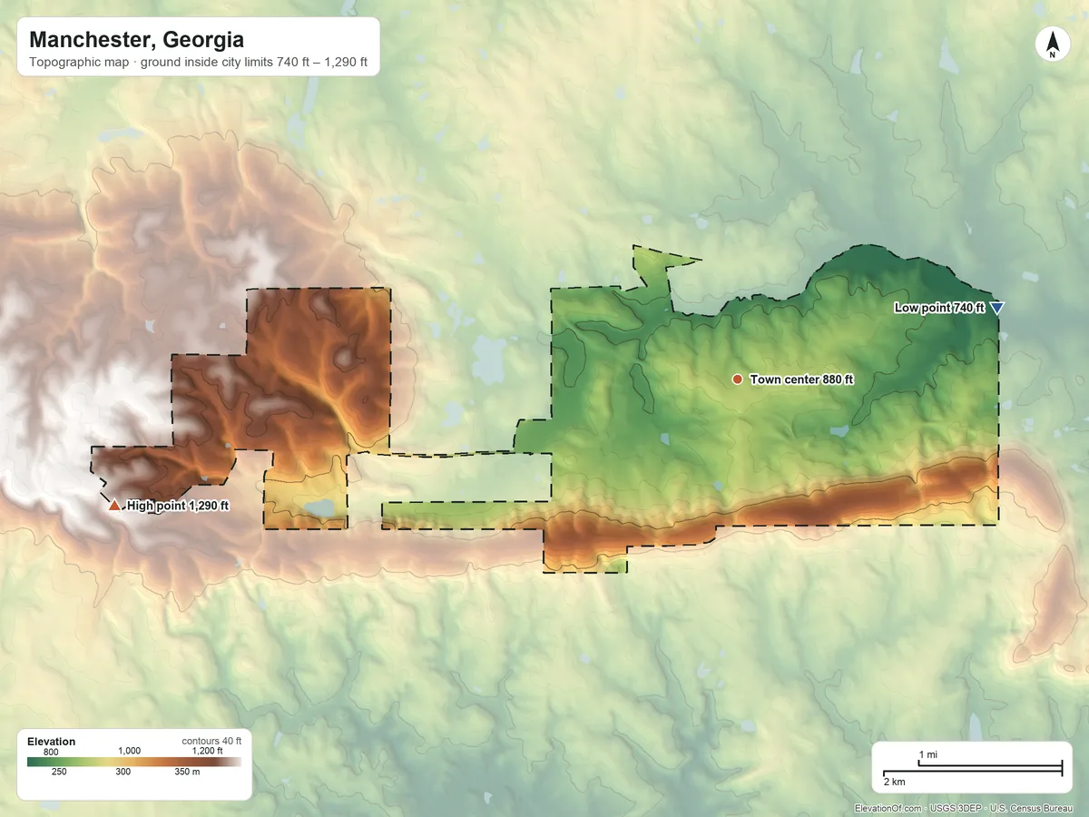 Topographic elevation map of Manchester, Georgia, shaded from 740 ft on the east side to 1,290 ft on the west side