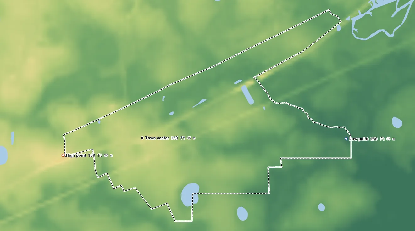 Topographic elevation map of Manor, Georgia, shaded from 150 ft on the east side to 160 ft on the west side