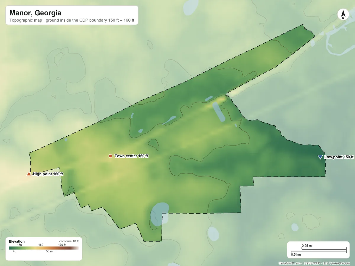 Topographic elevation map of Manor, Georgia, shaded from 150 ft on the east side to 160 ft on the west side