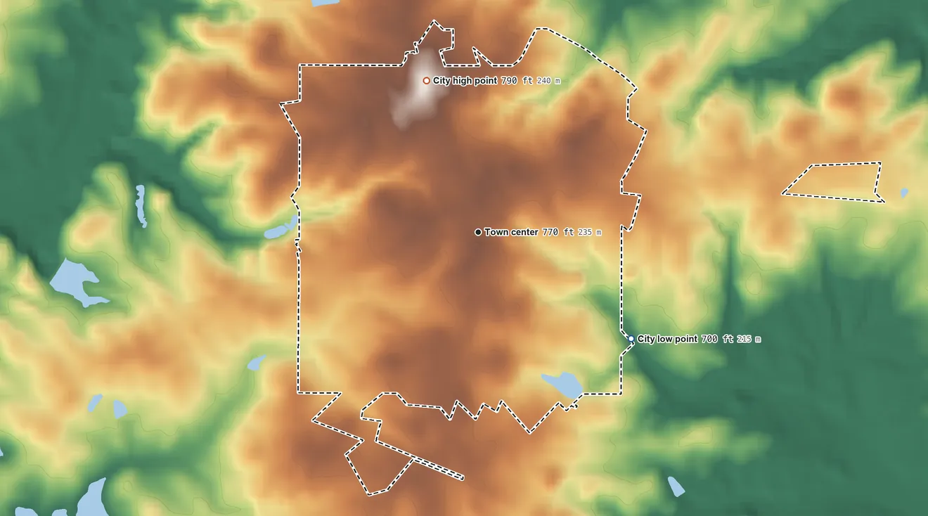 Topographic elevation map of Mansfield, Georgia, shaded from 700 ft on the southeast side to 790 ft on the north side