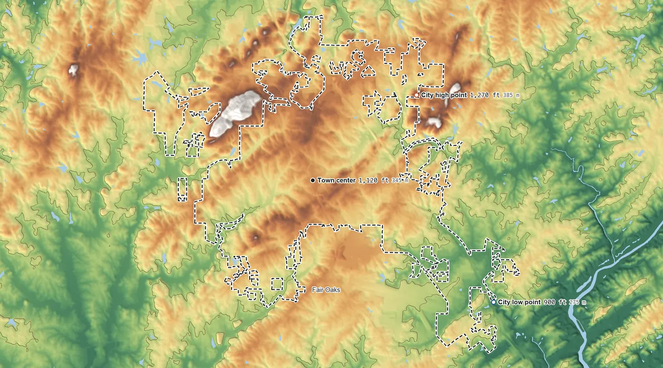 Topographic elevation map of Marietta, Georgia, shaded from 900 ft on the southeast side to 1,270 ft on the northeast side