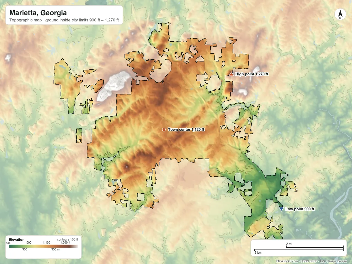 Topographic elevation map of Marietta, Georgia, shaded from 900 ft on the southeast side to 1,270 ft on the northeast side