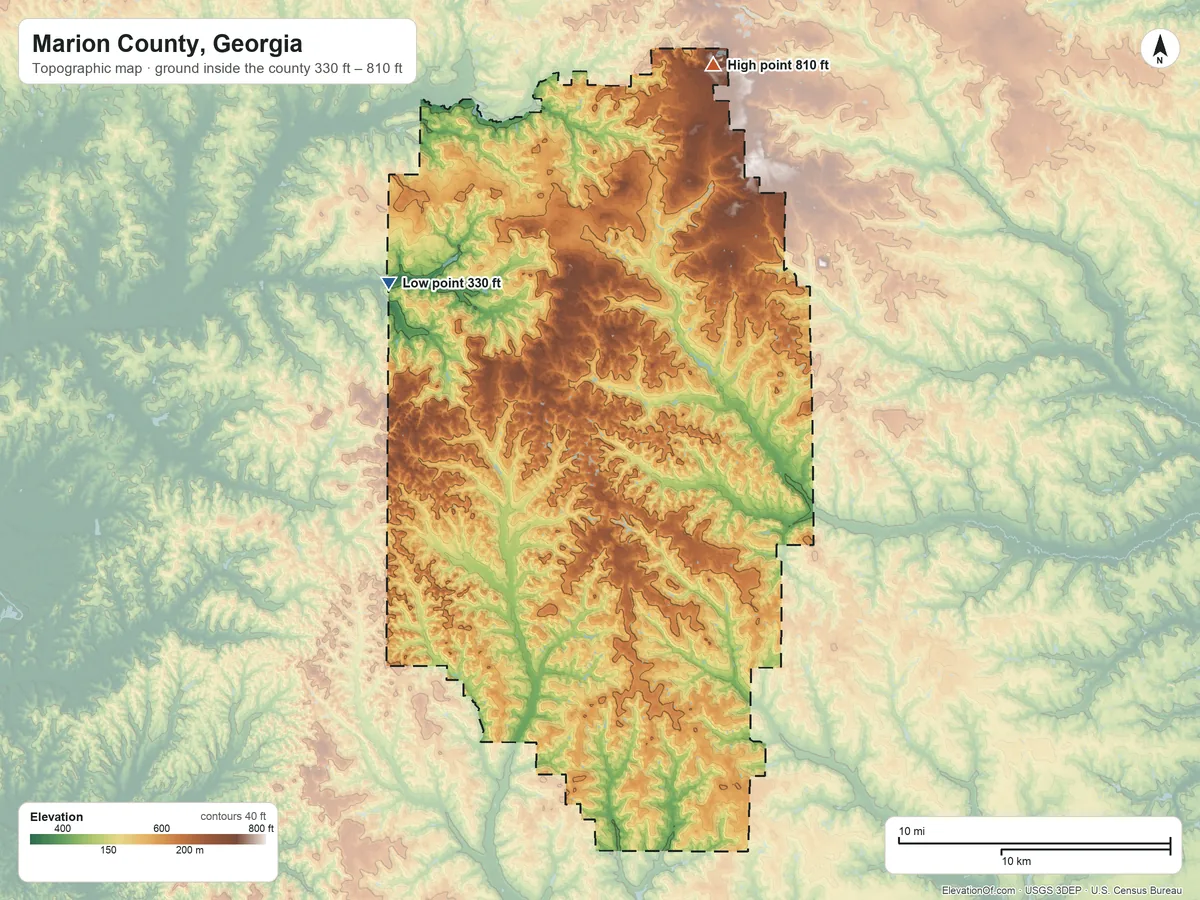 Topographic elevation map of Marion County, Georgia, shaded from 330 ft on the northwest side to 810 ft on the north side