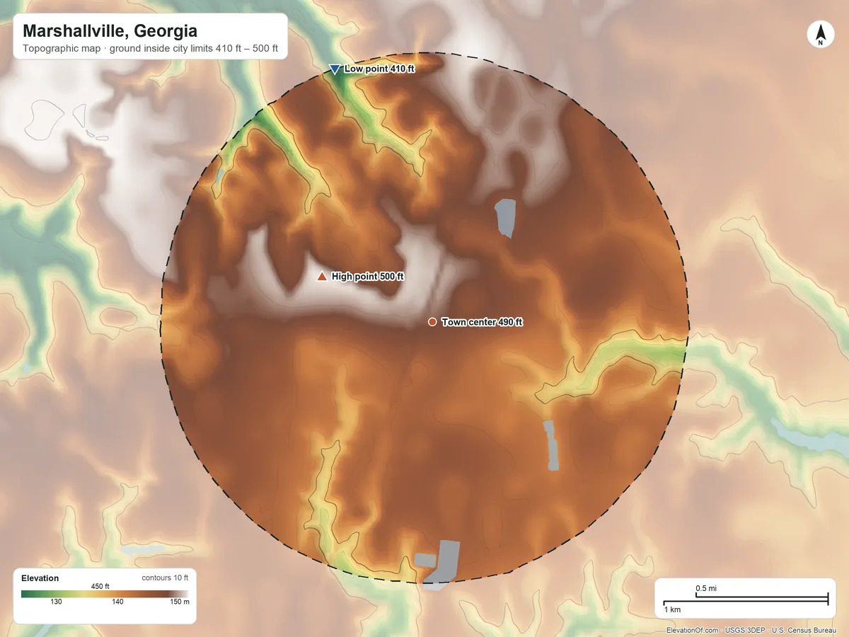 Topographic elevation map of Marshallville, Georgia, shaded from 410 ft on the north side to 500 ft on the west side