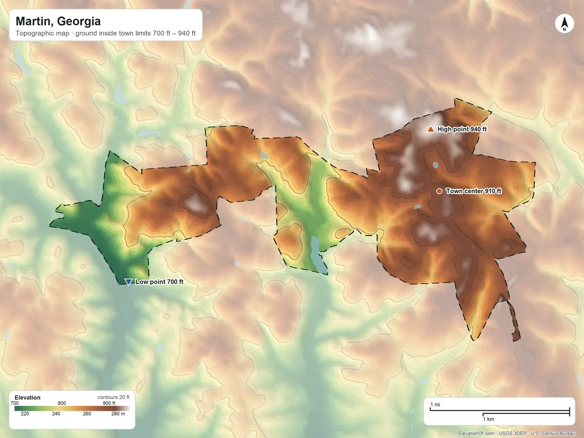 Topographic elevation map of Martin, Georgia, shaded from 700 ft on the west side to 940 ft on the north side