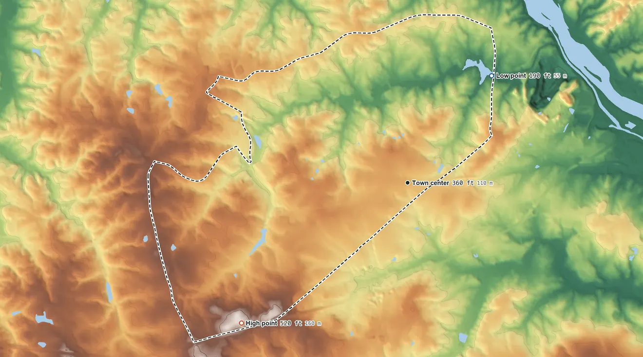 Topographic elevation map of Martinez, Georgia, shaded from 190 ft on the northeast side to 520 ft on the southwest side