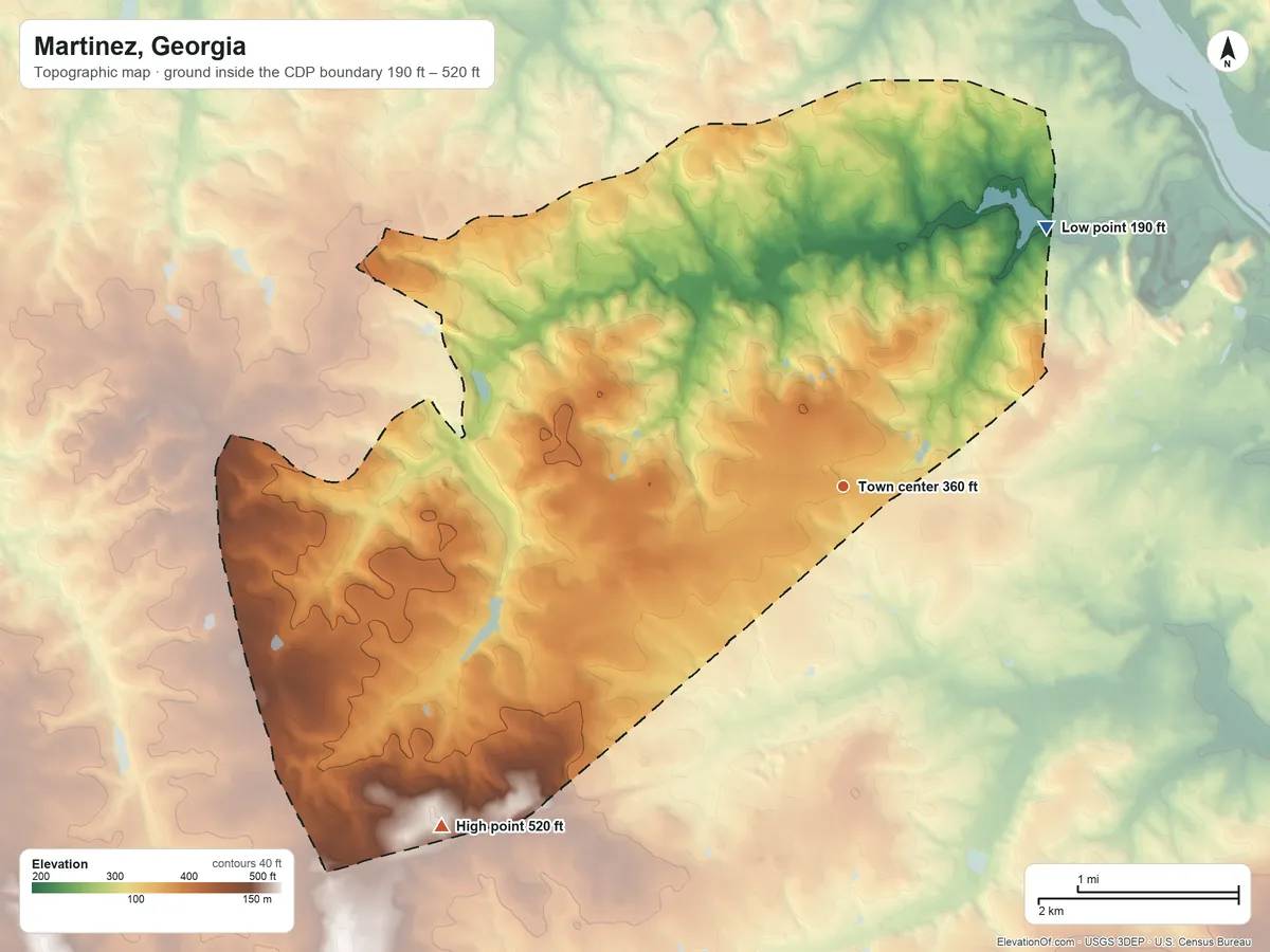 Topographic elevation map of Martinez, Georgia, shaded from 190 ft on the northeast side to 520 ft on the southwest side