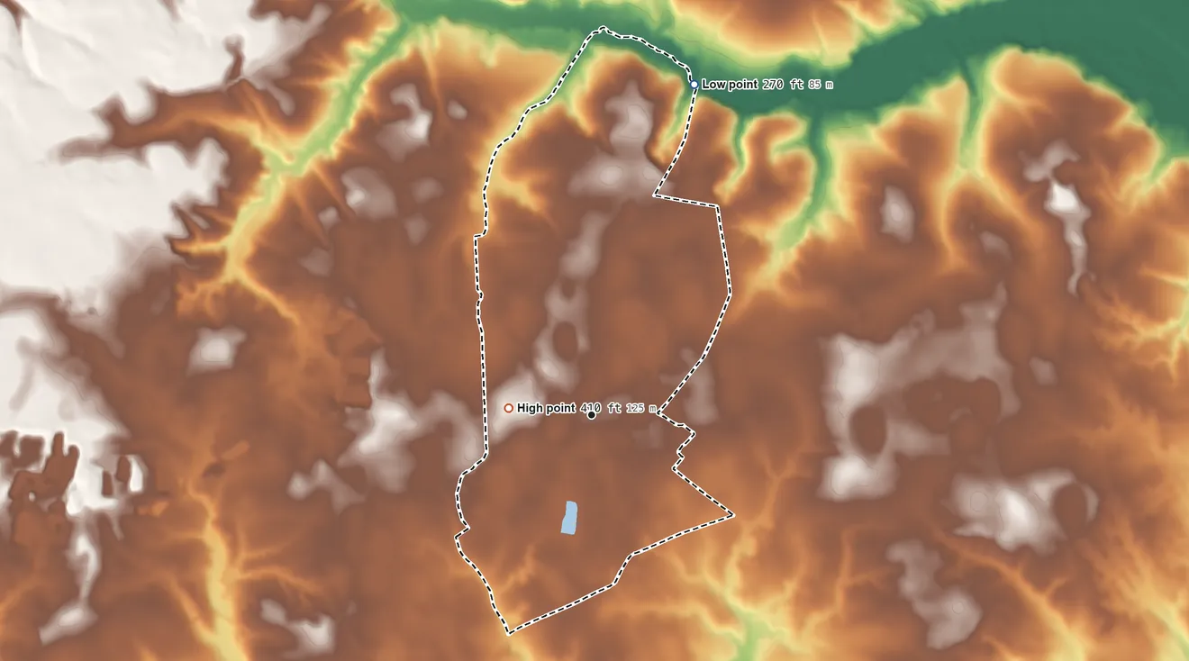 Topographic elevation map of Matthews, Georgia, shaded from 270 ft on the north side to 410 ft on the west side
