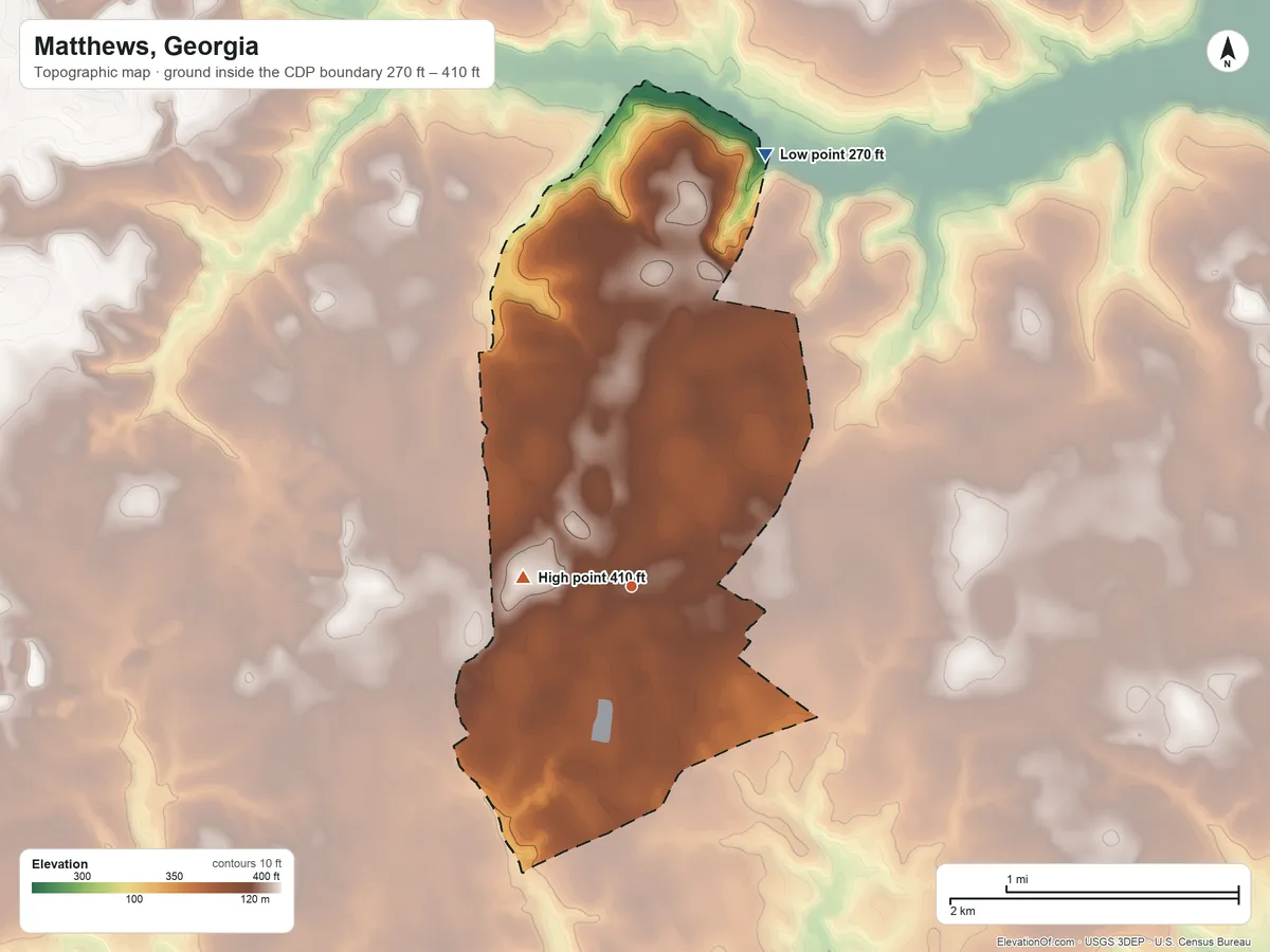Topographic elevation map of Matthews, Georgia, shaded from 270 ft on the north side to 410 ft on the west side