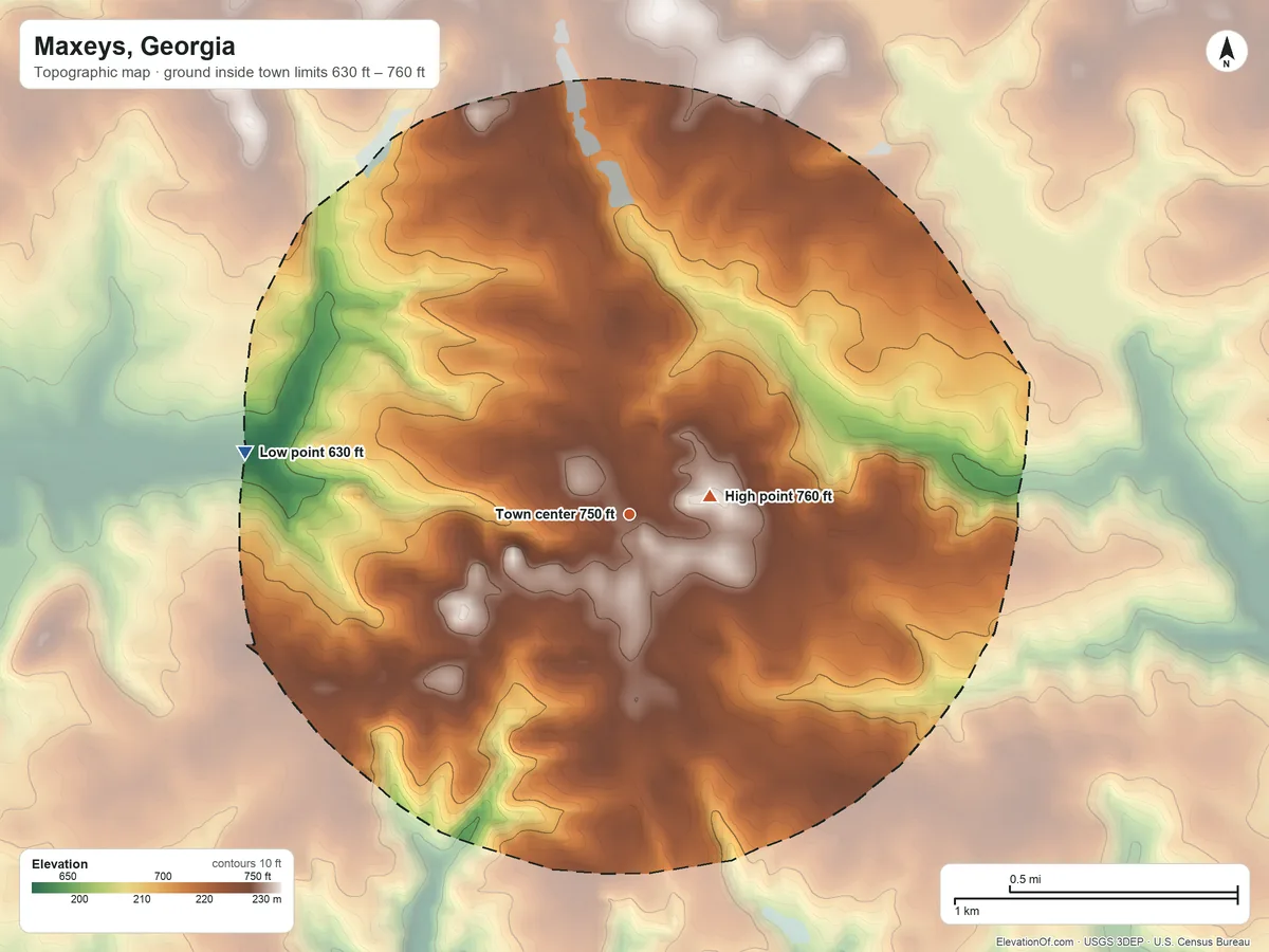 Topographic elevation map of Maxeys, Georgia, shaded from 630 ft on the west side to 760 ft near the middle