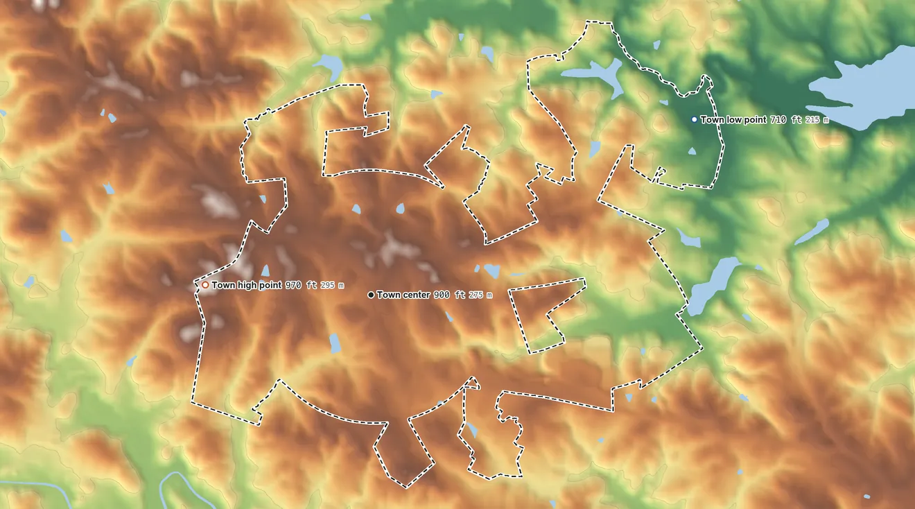 Topographic elevation map of Maysville, Georgia, shaded from 710 ft on the northeast side to 970 ft on the west side