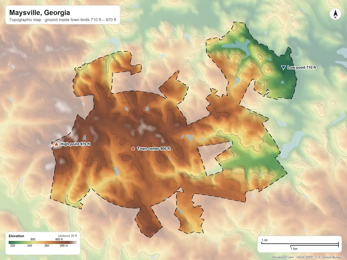Topographic elevation map of Maysville, Georgia, shaded from 710 ft on the northeast side to 970 ft on the west side