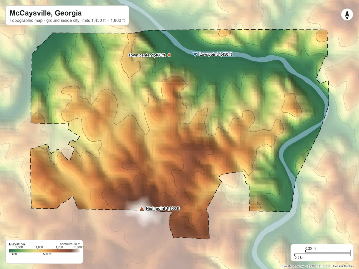 Topographic elevation map of McCaysville, Georgia, shaded from 1,450 ft near the middle to 1,800 ft on the south side