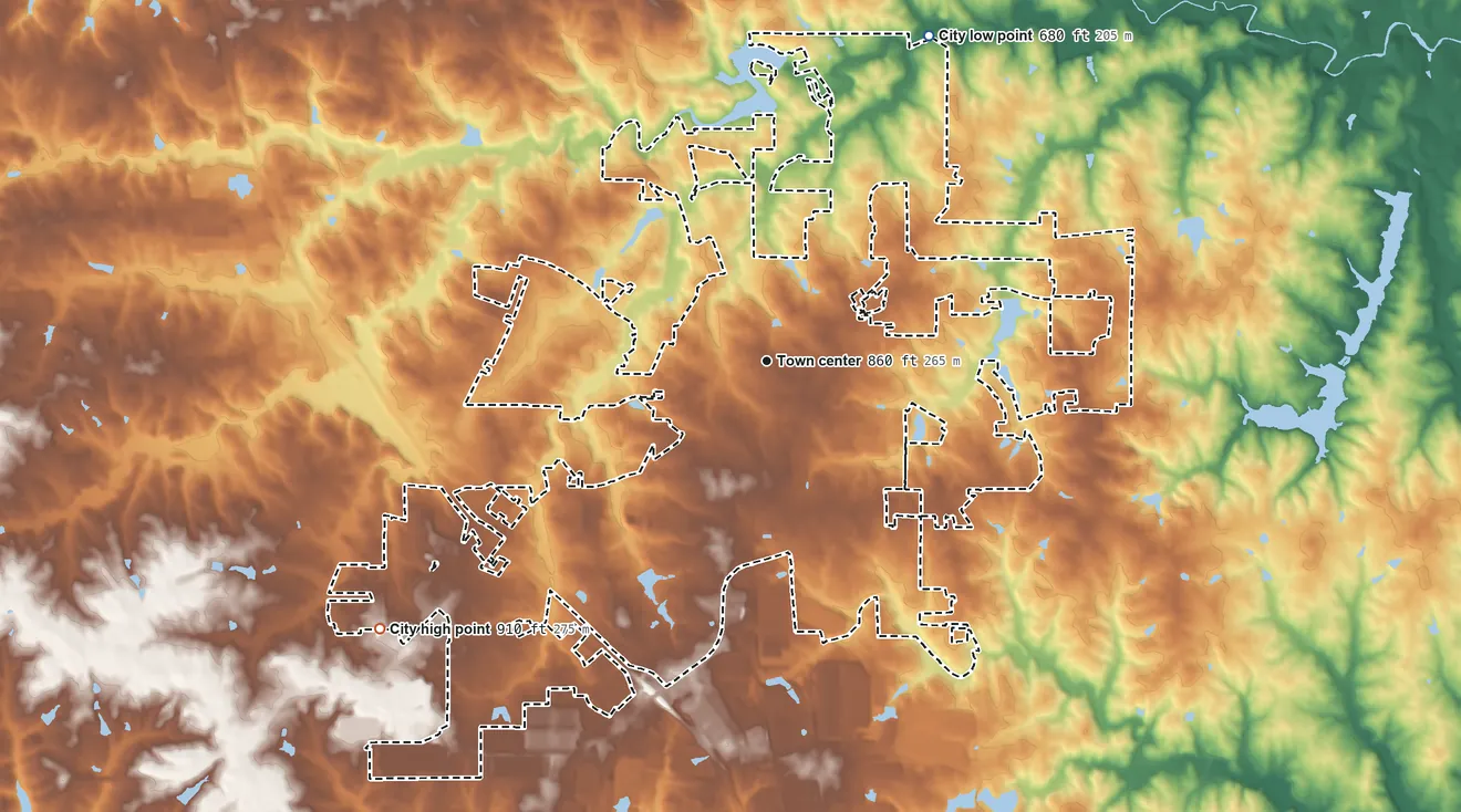 Topographic elevation map of McDonough, Georgia, shaded from 680 ft on the northeast side to 910 ft on the southwest side