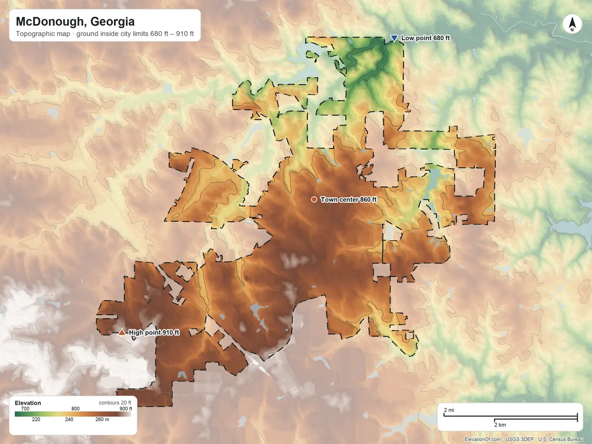 Topographic elevation map of McDonough, Georgia, shaded from 680 ft on the northeast side to 910 ft on the southwest side