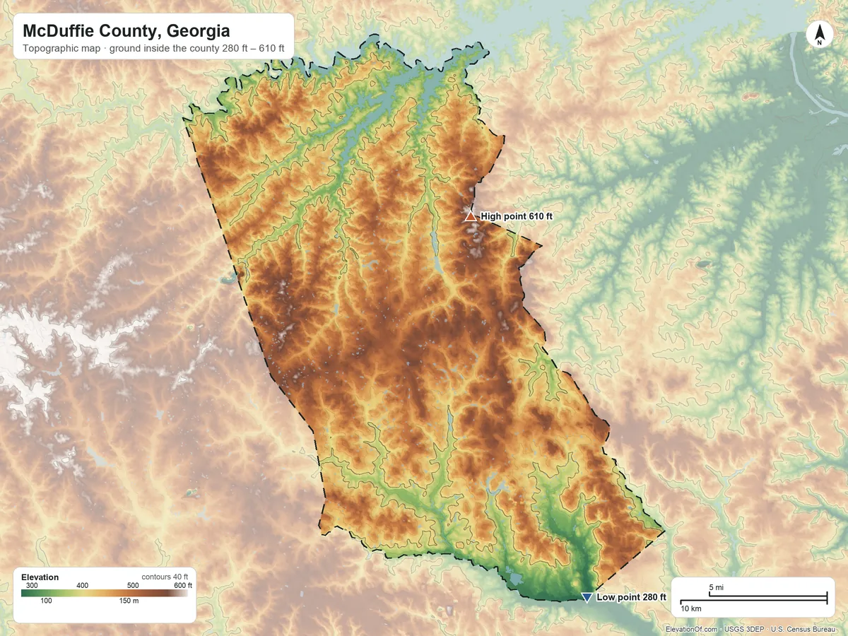 Topographic elevation map of McDuffie County, Georgia, shaded from 280 ft on the southeast side to 610 ft on the northeast side