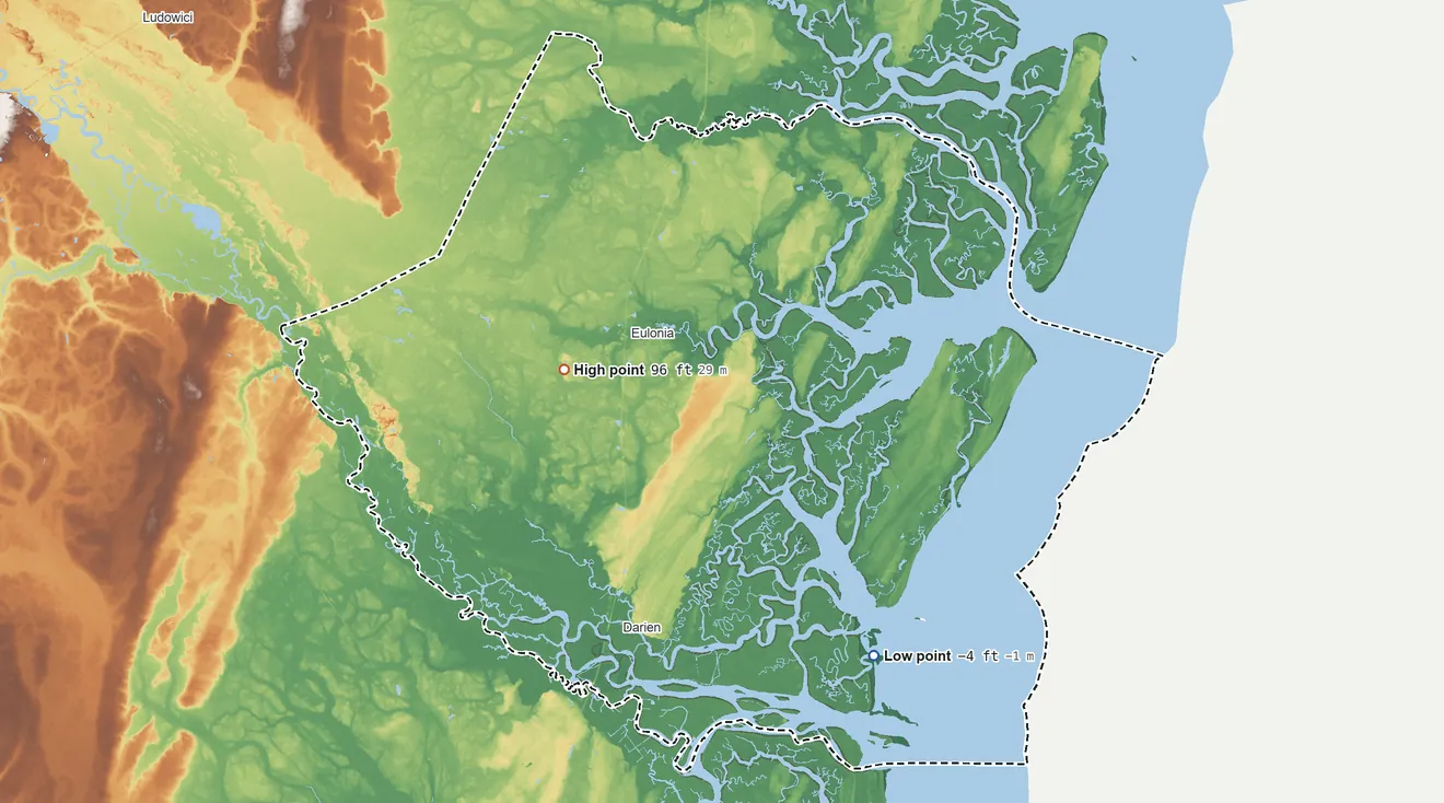 Topographic elevation map of McIntosh County, Georgia, shaded from 4 ft below sea level on the southeast side to 96 ft on the west side