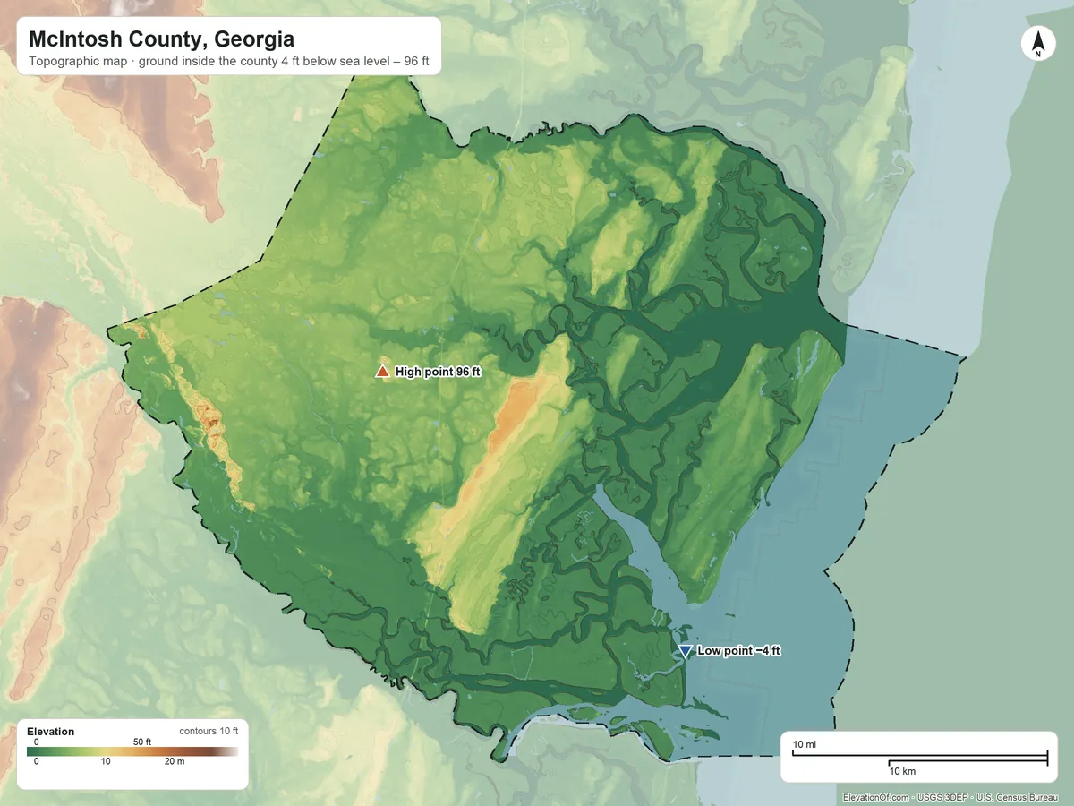 Topographic elevation map of McIntosh County, Georgia, shaded from 4 ft below sea level on the southeast side to 96 ft on the west side