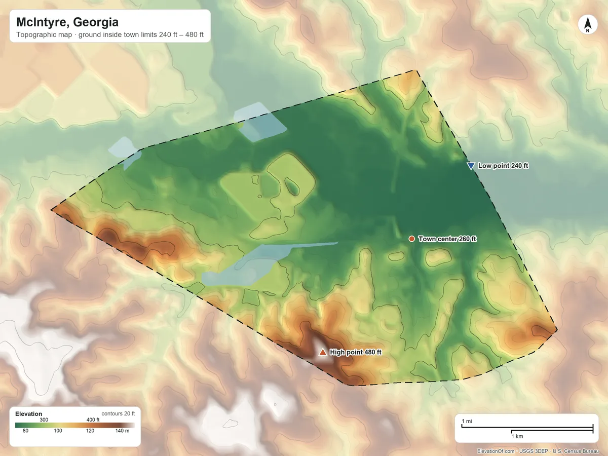 Topographic elevation map of McIntyre, Georgia, shaded from 240 ft on the northeast side to 480 ft on the southwest side
