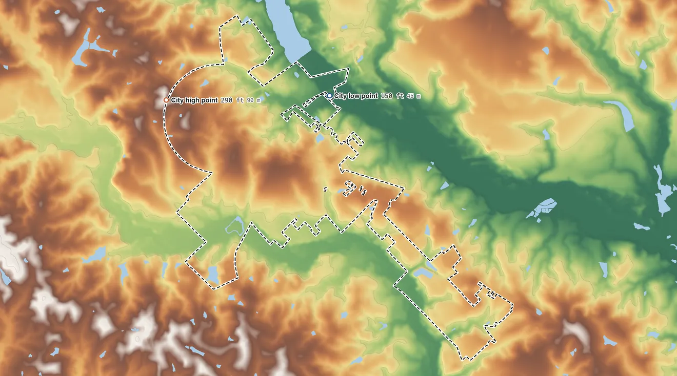 Topographic elevation map of McRae-Helena, Georgia, shaded from 150 ft on the north side to 290 ft on the northwest side