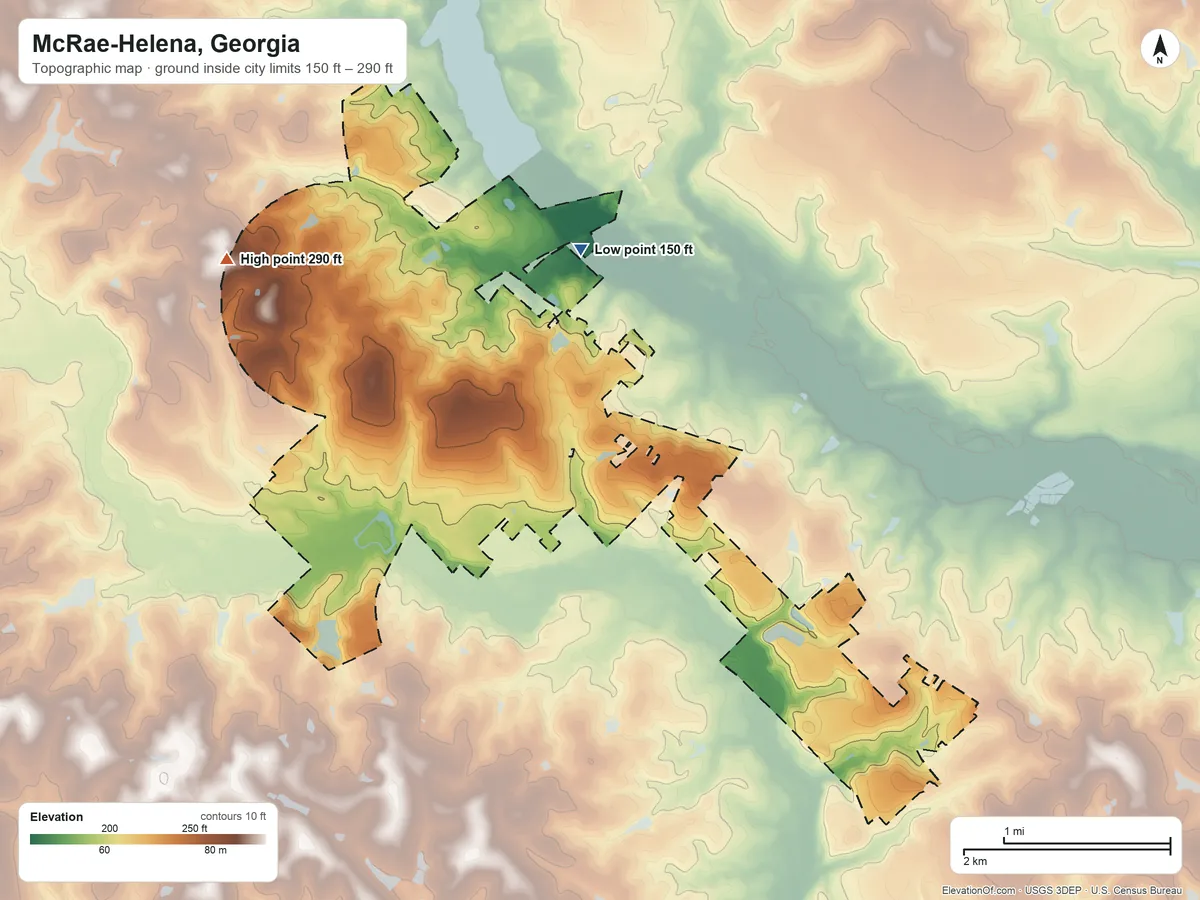Topographic elevation map of McRae-Helena, Georgia, shaded from 150 ft on the north side to 290 ft on the northwest side