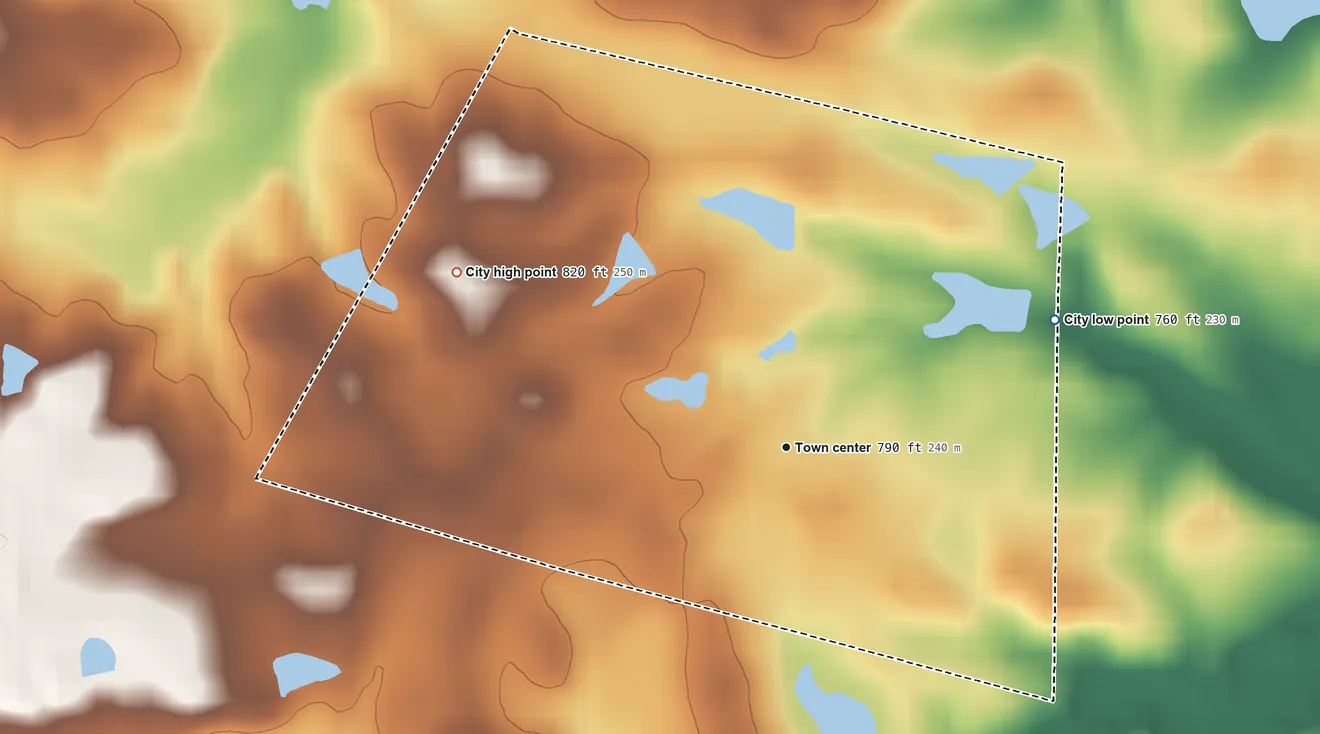 Topographic elevation map of Meansville, Georgia, shaded from 760 ft on the northeast side to 820 ft on the northwest side